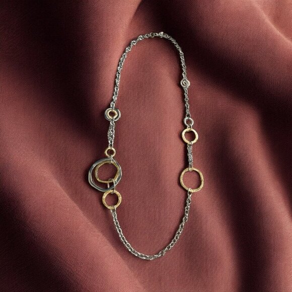 VTG Premier Designs Two-Tone Circle Link Necklace – Silver & Gold Rings - Picture 1 of 5